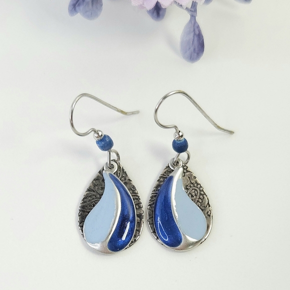 Silver Etched Floral & Metallic Blue Swirl Layered Dangle Earrings - Picture 8 of 10